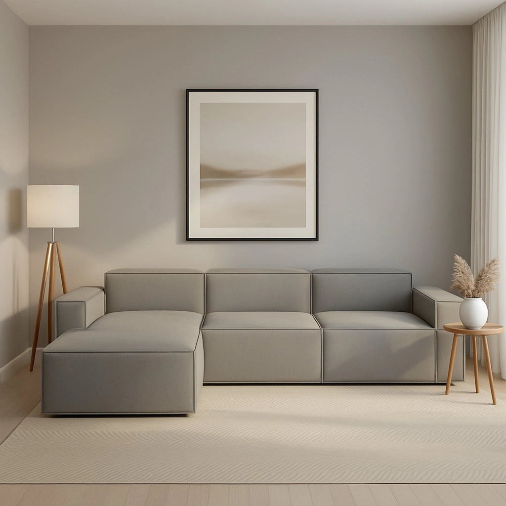 Divano fisso Atrillo, Divano componibile a 4 posti con penisola sinistra, Made in Italy, SofÒ  moderno in tessuto, Cm 340x170h70, Grigio