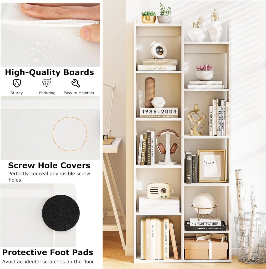 Libreria da Parete a 6 Ripiani con 10 Scomparti e 2 Mensole, Libreria Verticale a Forma di Albero con 2 Dispositivi Anti-Ribaltamento, Scaffale per Soggiorno, 65 x 20 x 162 cm (Bianco)