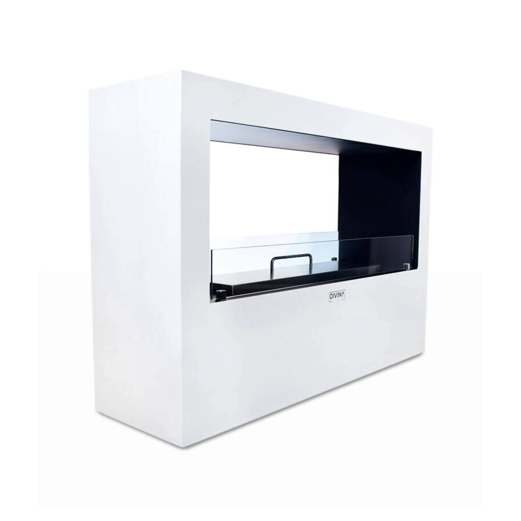 Camino a bioetanolo Aicurzio, Caminetto ecologico, Focolare senza fumo, Riscaldatore ad etanolo, Made in Italy, 30x100 h70 cm, Bianco