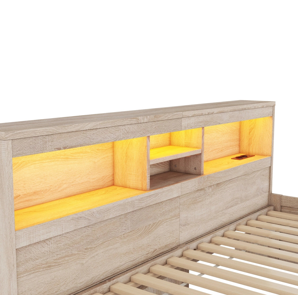 Letto 90x200 cm con LED; USB; prese e cassetti in truciolato e MDF