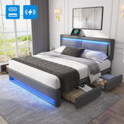 Letto imbottito matrimoniale 140x190 cm in PU grigio con LED, USB, contenitore a 4 cassetti, senza materasso