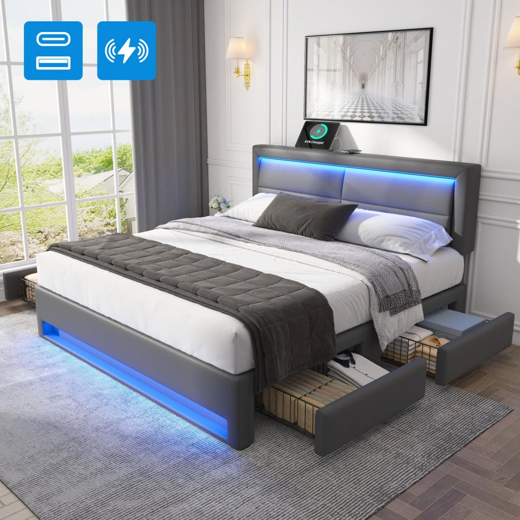 Letto imbottito matrimoniale 140x190 cm in PU grigio con LED, USB, contenitore a 4 cassetti, senza materasso