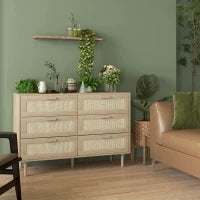 Cassettiera 6 Cassetti in Legno e Rattan Stile Boho per Soggiorno e Camera da Letto, 110x40x75 cm