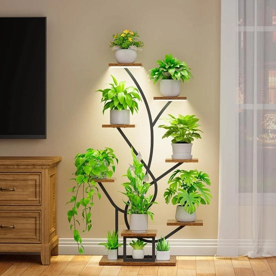 Scaffale per piante con luce LED 8 livelli 126 cm metallo e legno, scala per piante per giardino interno e balcone decorativo
