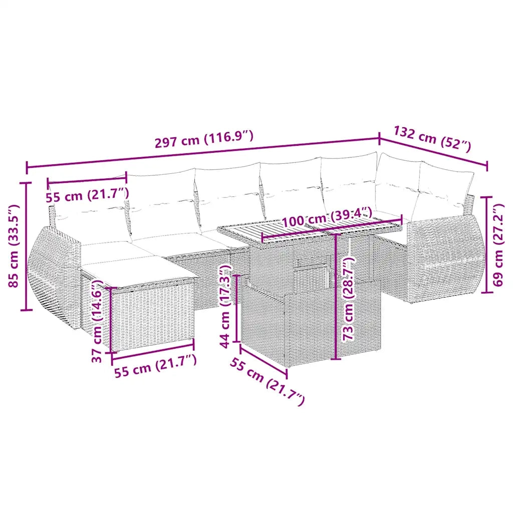 Set Divano da Giardino 8 pz con Cuscini Beige in Polyrattan