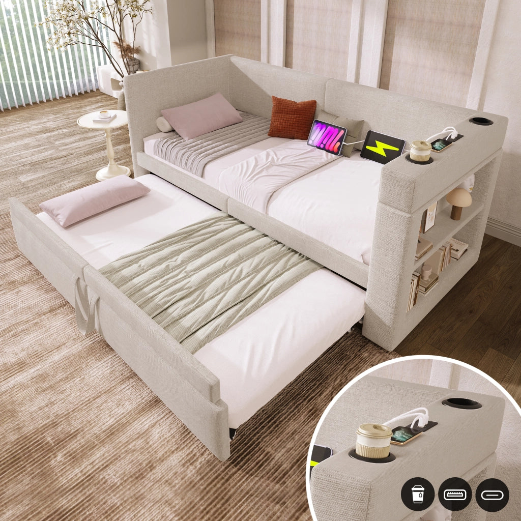 LETTO Divano 90x200 cm estraibile Beige in cotone e lino con USB e portabicchieri
