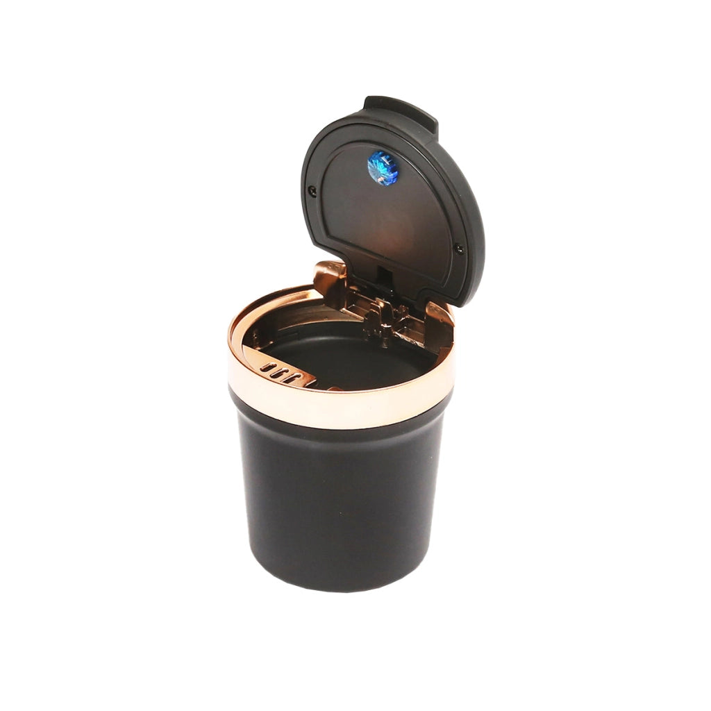 Posacenere universale per auto con fondo in ceramica nero-oro e luce LED blu
