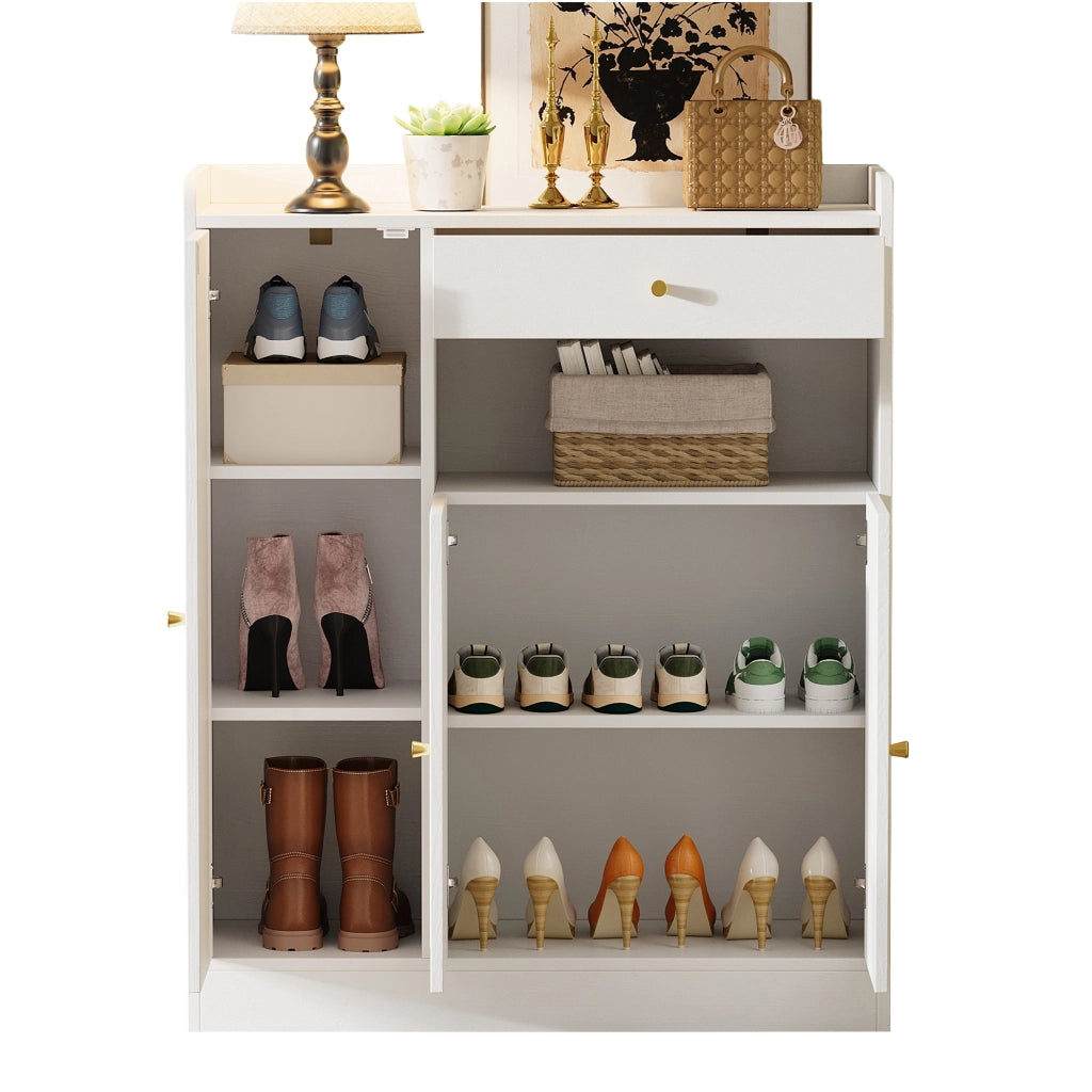 Scarpiera con 3 ante; 1 cassetto e ripiani regolabili - per ingresso - in MDF - 90×35×110 cm - bianco e naturale