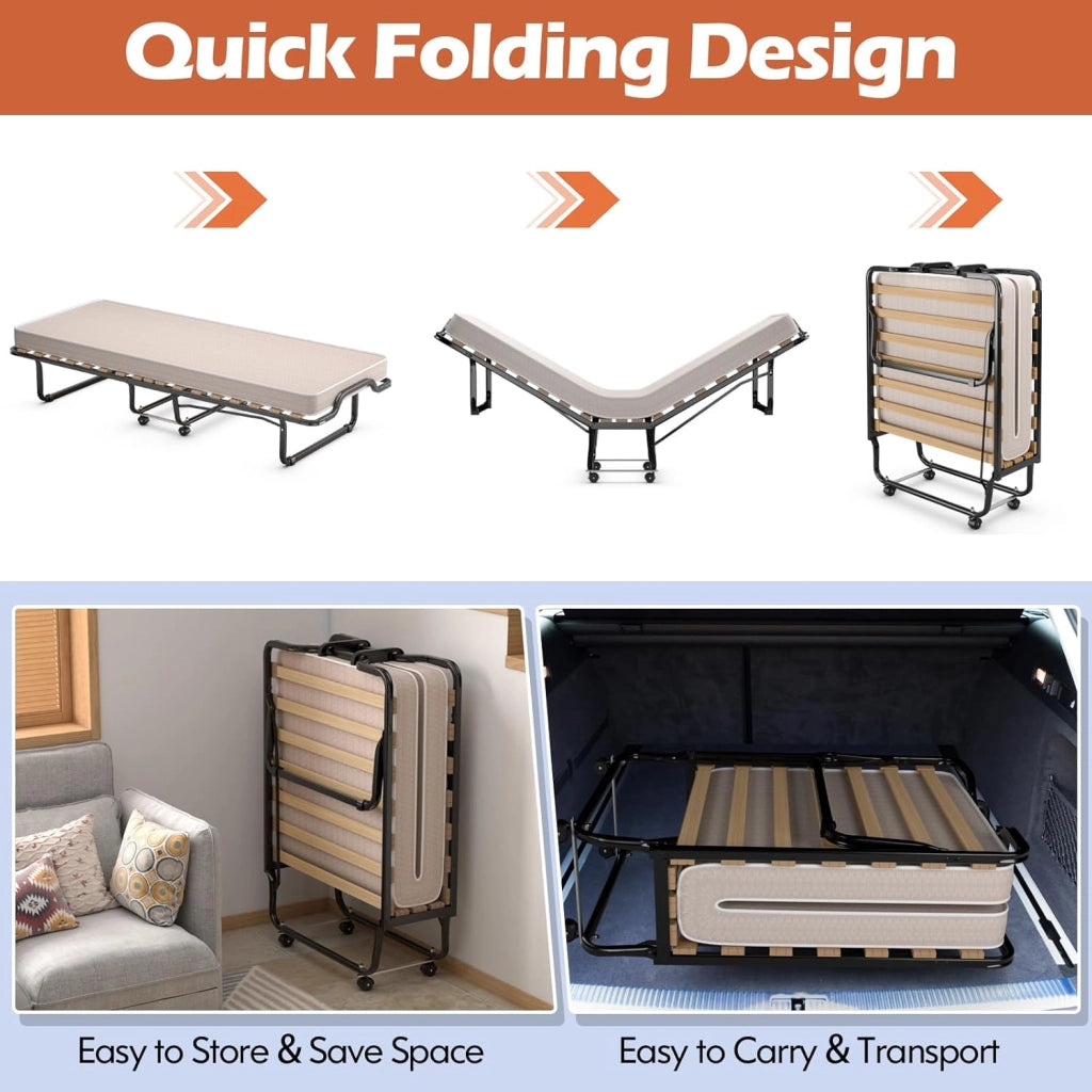 Letto Singolo Pieghevole, Portata di 120 kg, Letto Singolo con Materasso e 4 Ruote, 4 Gambe in Mettallo, Fibbia Fissata, 80 x 200 cm, Ideale per Viaggio e di Riserva