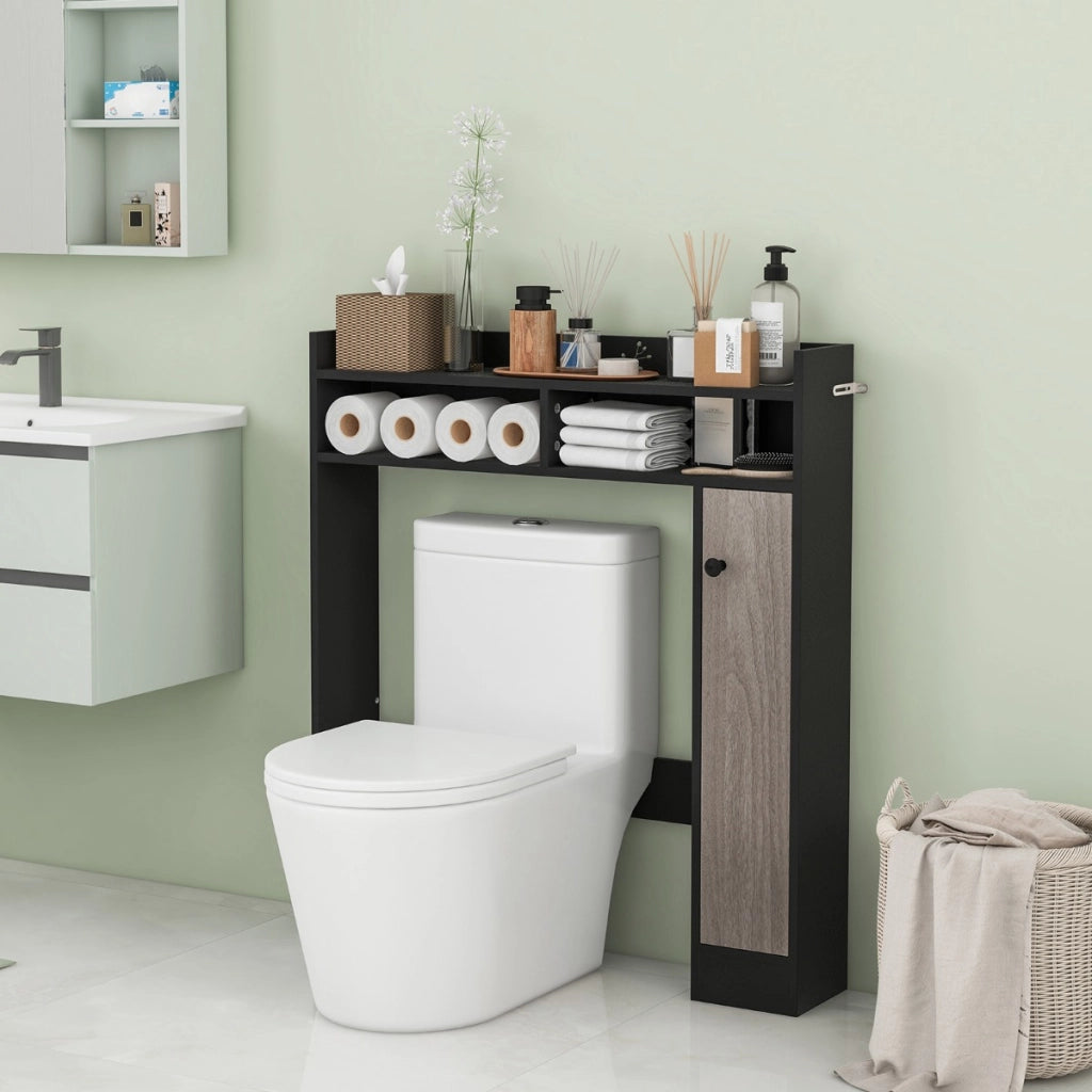 Mobiletto da bagno sopra il water con ripiani regolabili anta singola-Organizzatore da bagno salvaspazio Nero