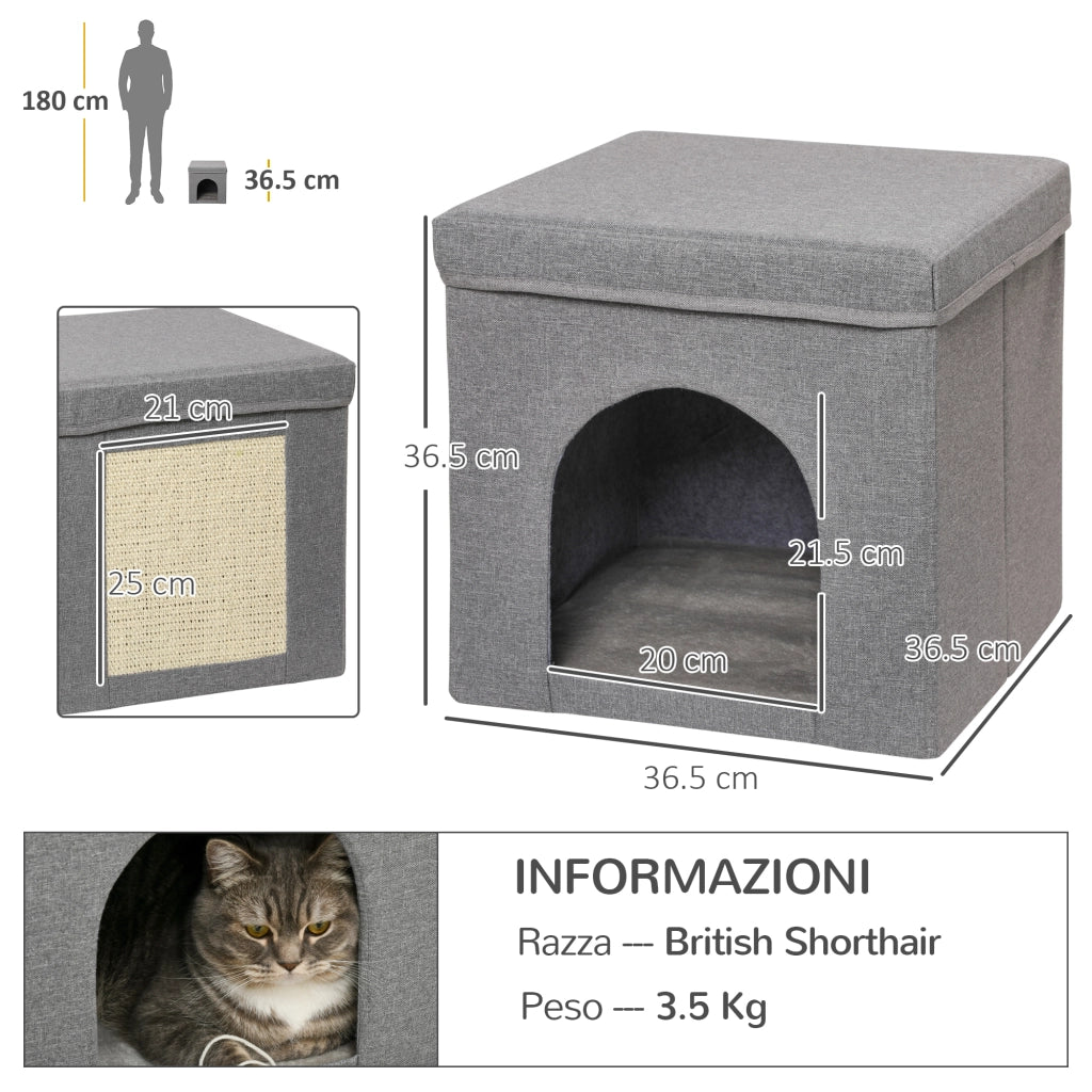 Casetta per Gatti Pieghevole a Cubo con Cuscino e Tappetino Tiragraffi. 36.5x36.5x36.5 cm. Grigio