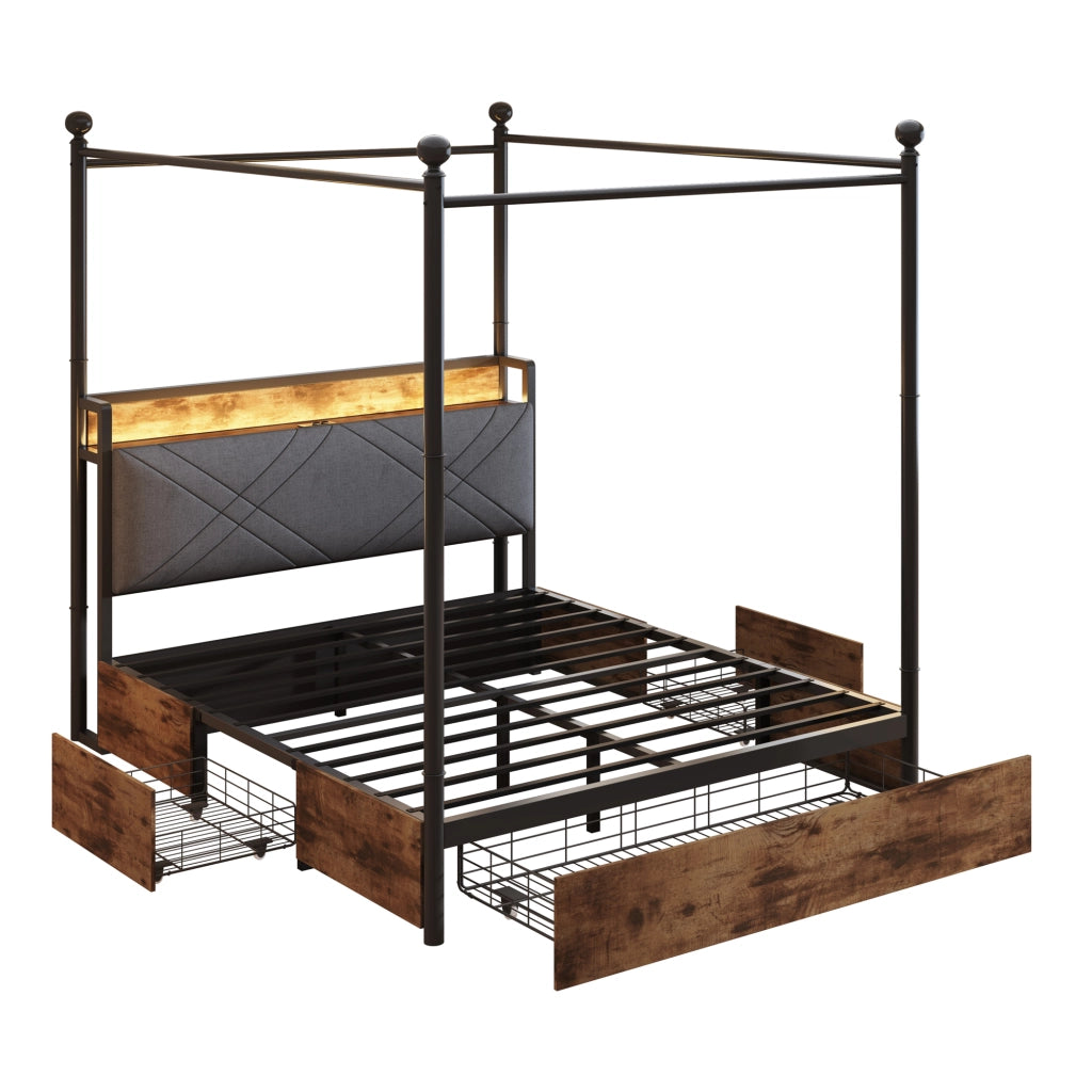 Letto Matrimoniale 140 x 190 cm; Contenitore; USB; Type-C e LED Regolabile - Nero