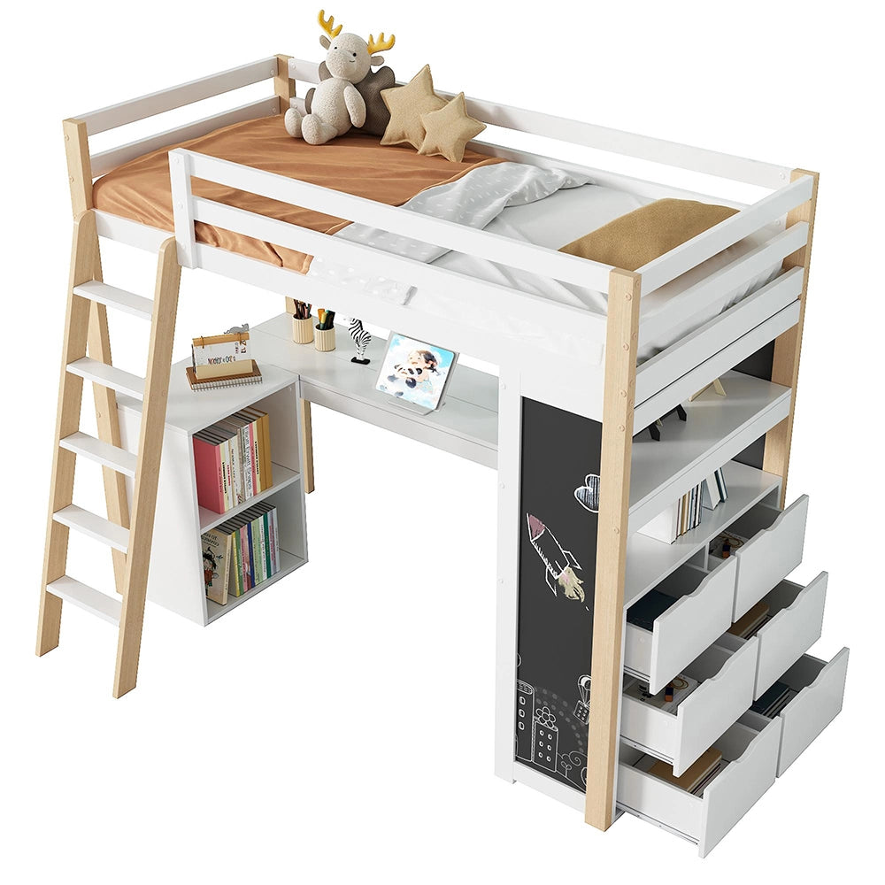 Letto a castello 90x200cm - Xylo - bianco/naturale, lavagna, ripiani