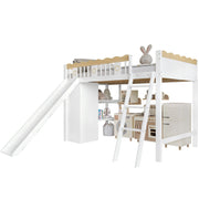 Letto a Soppalco 90 x 200 cm con Scivolo; Armadio e Mobile Contenitore - Bianco Naturale