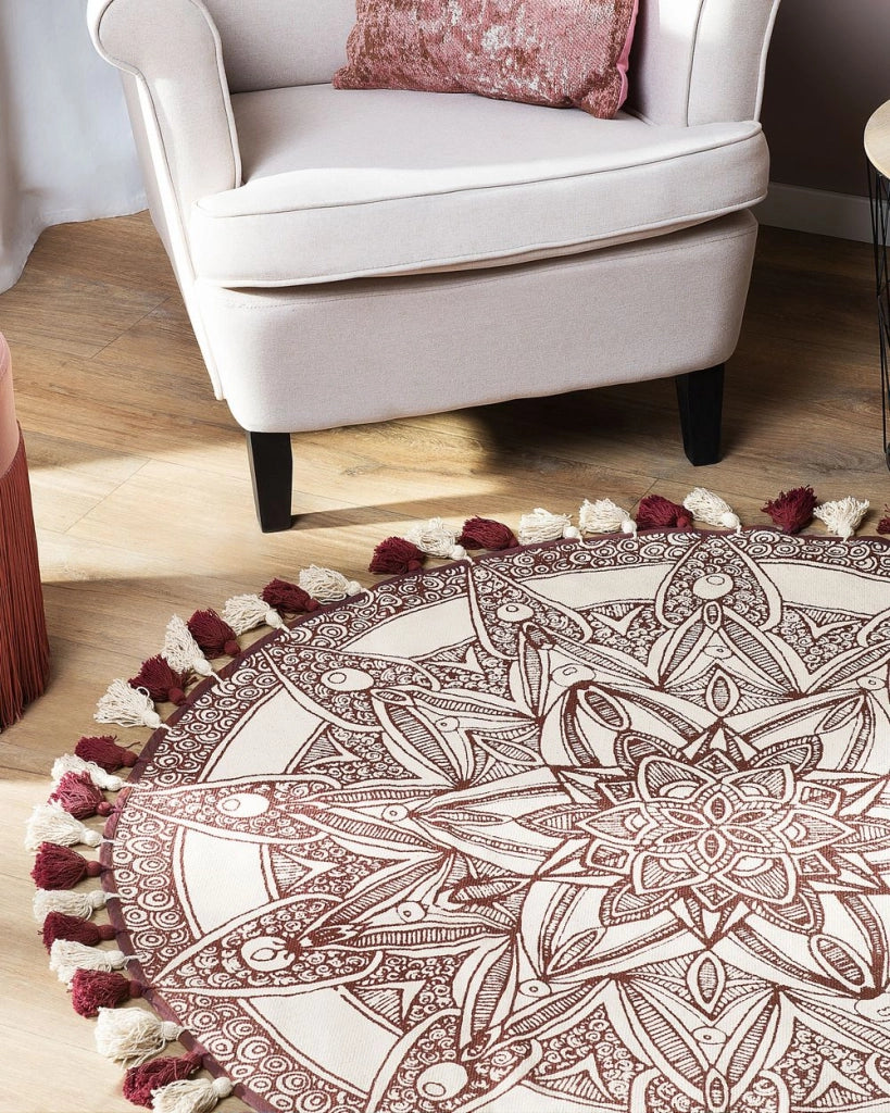 Tappeto Panna Cotone Tondo Orientale Soggiorno ø 120 cm stile moderno