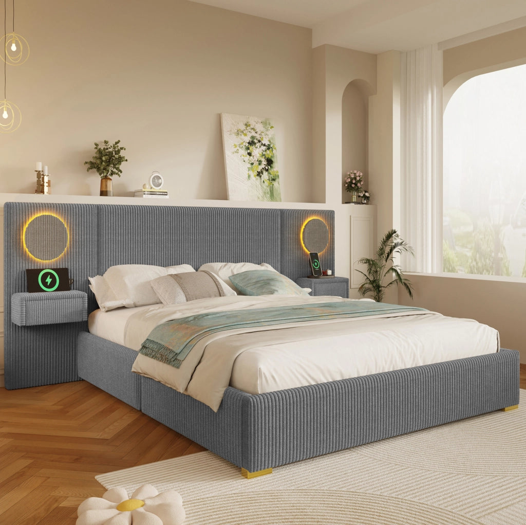 Letto imbottito 180x200 cm con LED, USB e comodini con cassetti in velluto grigio