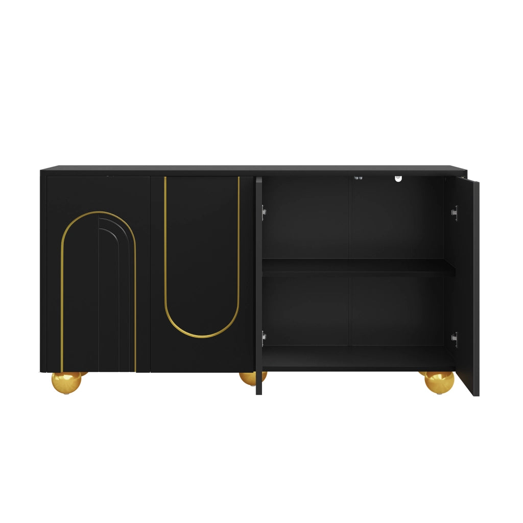 Credenza a 4 ante con rilievo ad arco dorato; 2 scomparti e ripiani; per sala da pranzo e soggiorno; nero; 140 × 40 × 74 cm