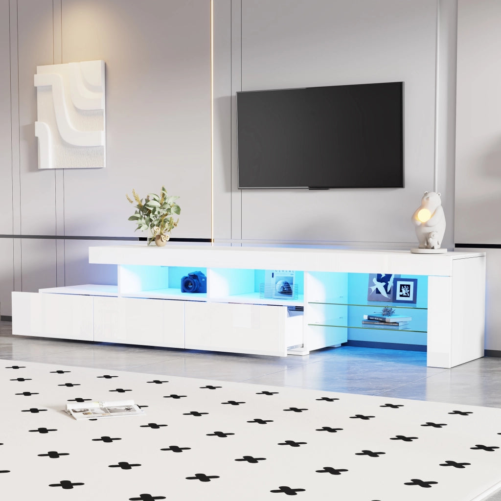 Mobile TV lucido, illuminazione a LED, 3 cassetti, adatto a televisori da 75 pollici, bianco