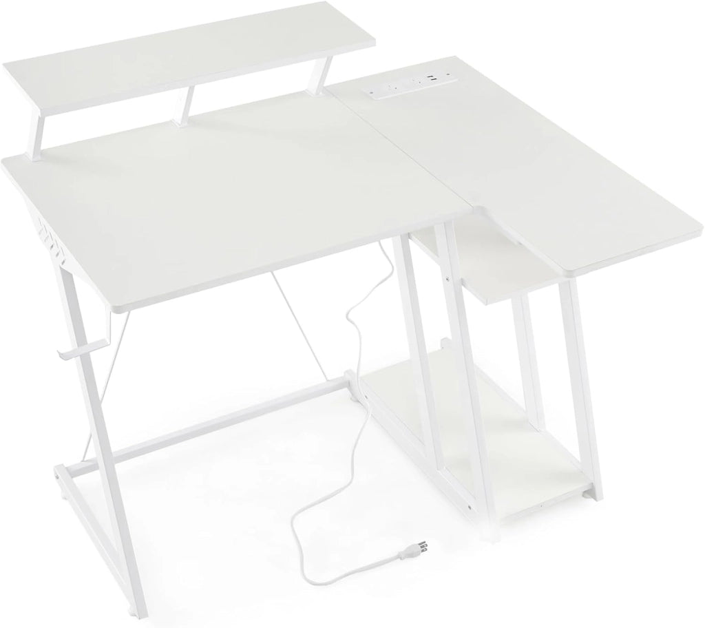 Scrivania per computer con base di ricarica integrata, scrivania per gaming con telaio in metallo e ripiano per monitor, scrivania per PC con supporto per CPU e gancio per cuffie dal look