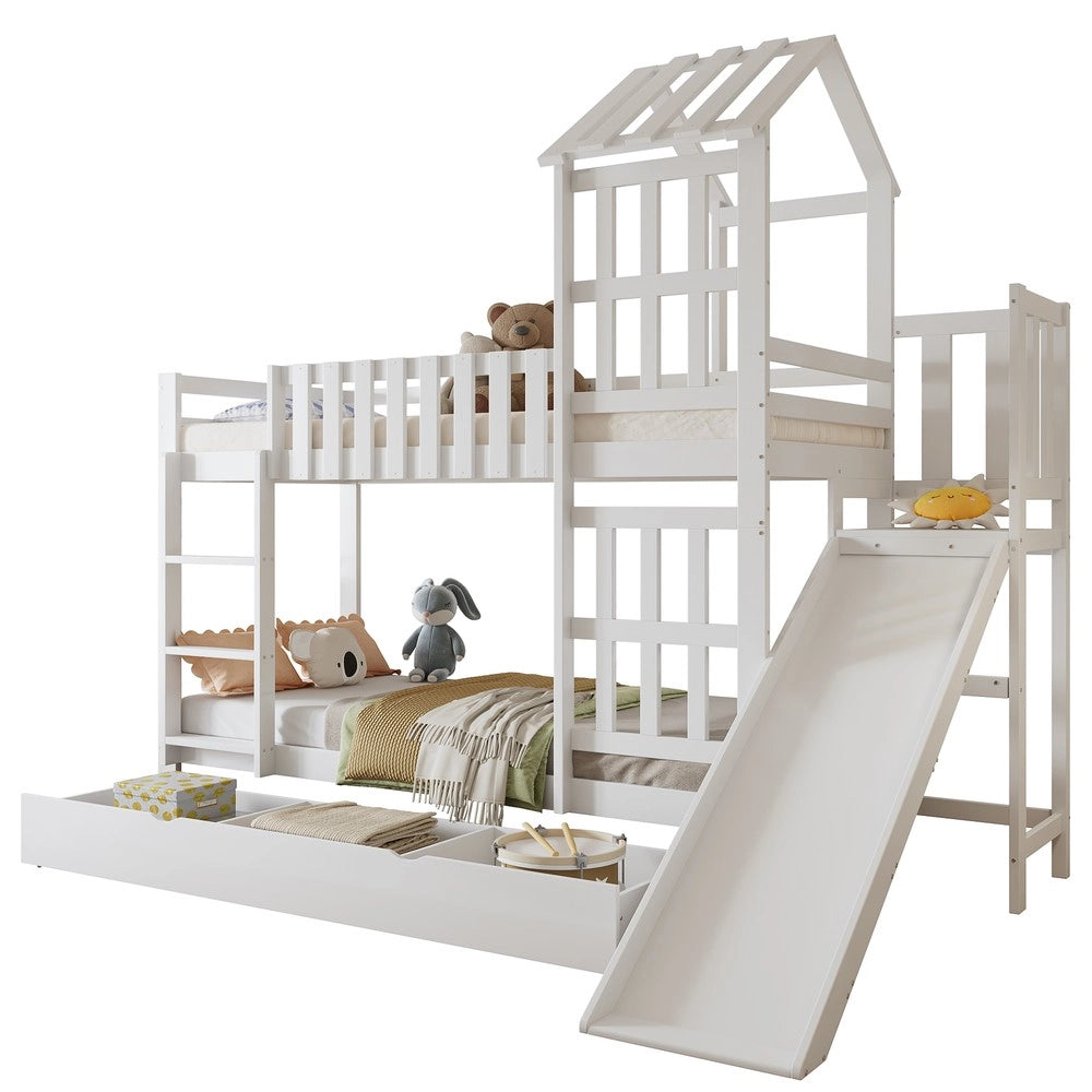 Letto a Castello con Scivolo e Cassetto ¨C MINIMAL ¨C Pino/MDF, Bianco, 90x200