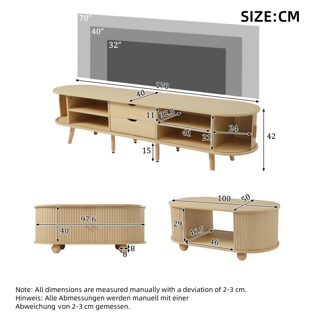 Set mobile TV e tavolino in MDF noce chiaro con contenitore