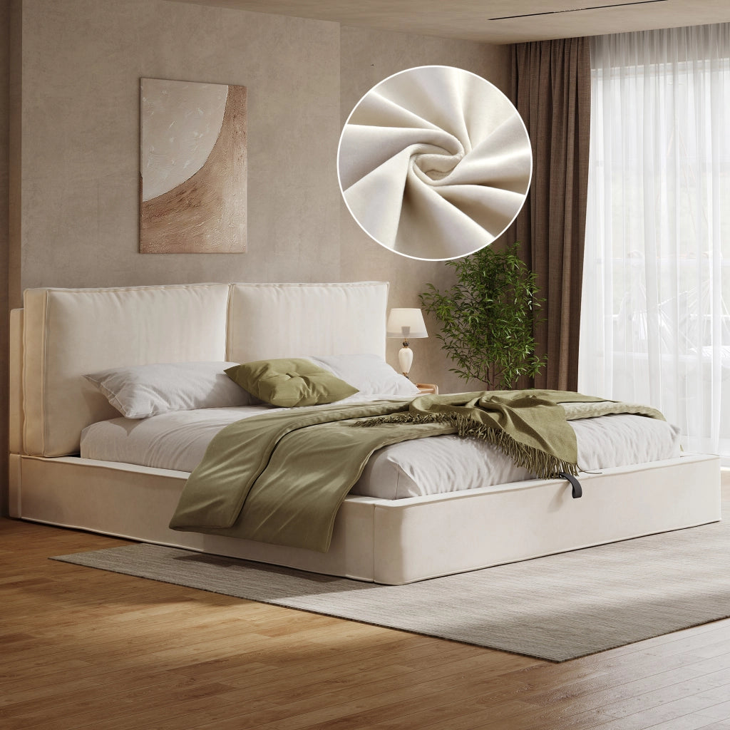 Letto matrimoniale 180x200 cm in velluto beige con contenitore, testiera imbottita e rete a doghe