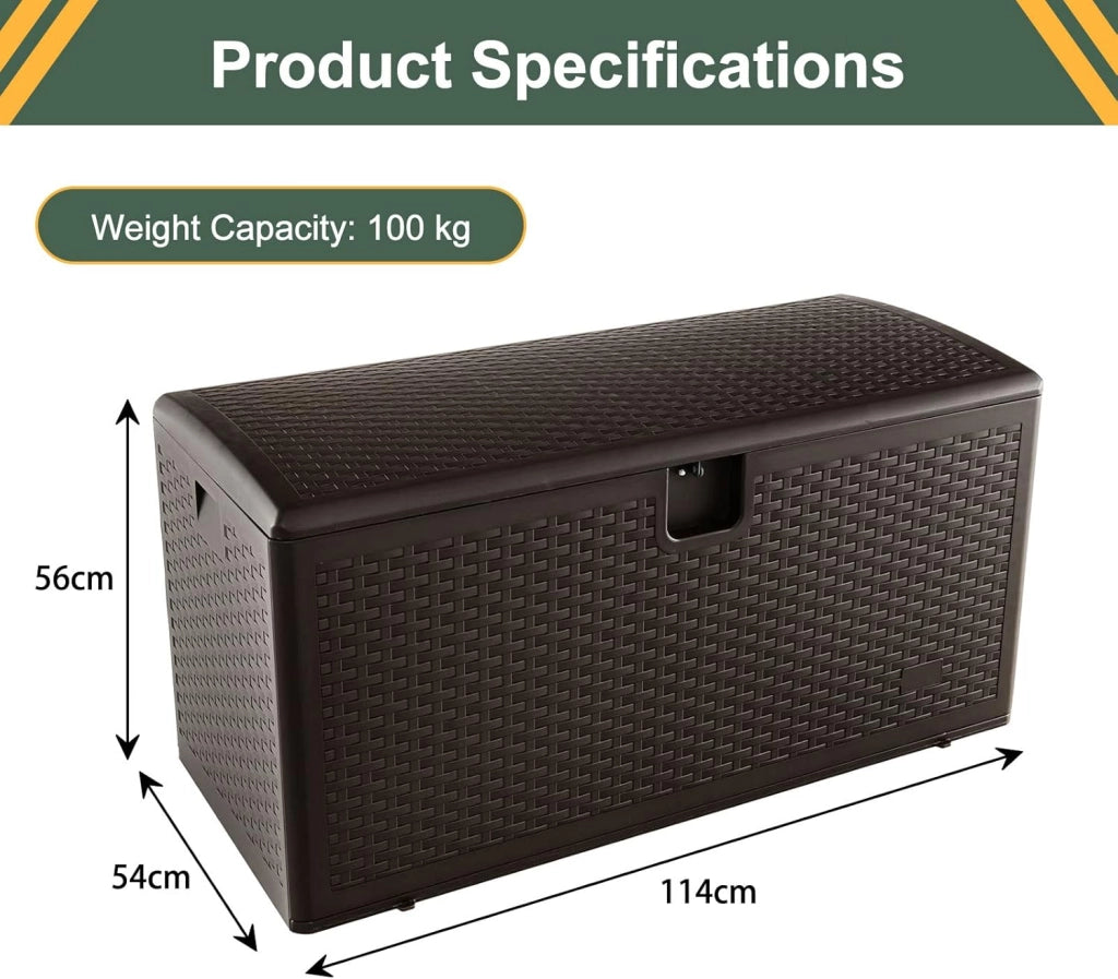 Cassapanca Per Esterni in Metallo e PE Rattan, Contenitore Impermeabile da 276 L, con Chiusura a Chiave, 114 x 54 x 56 cm, Marrone