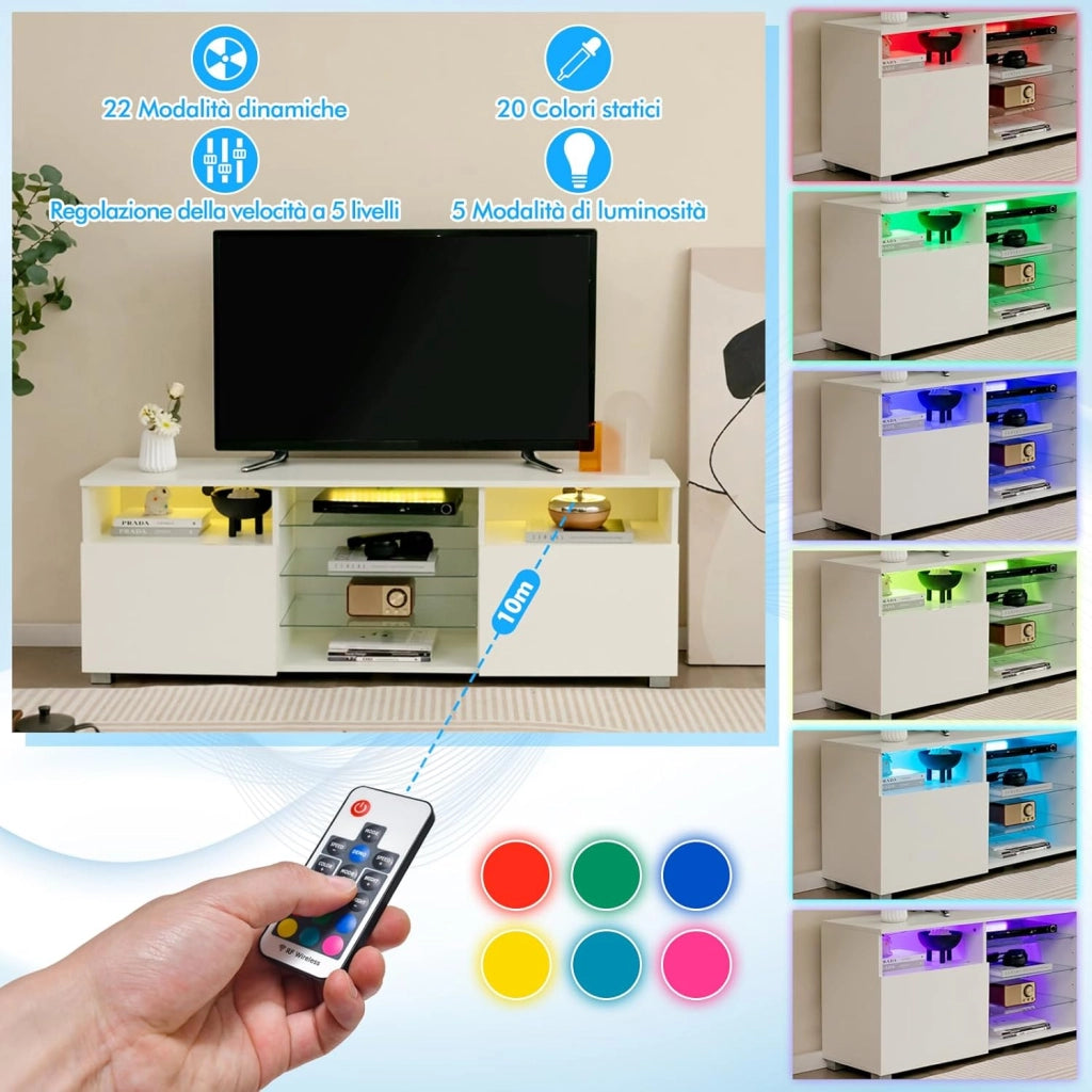 Mobile Porta TV con Luci, Mobile TV per Televisione Fino a 65", Tavolino Multifunzionale da Soggiorno, con Ripiani in Vetro Regolabili, Mobiletto Porta TV a 2 Porte, 146 x 35 x 53 cm