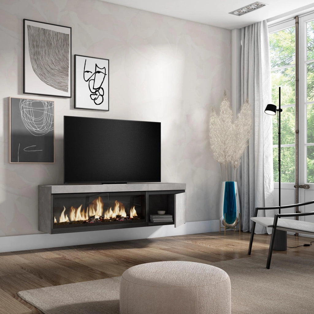 Mobile TV Soggiorno, 158x35x45cm, Per TV fino a 65", Camino elettrico XXL, da appendere, grigio cemento RF3241