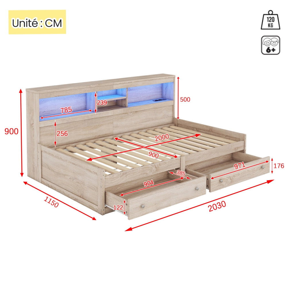 Letto a Divanetto Singolo 90x200 cm; 1 Posto - USB; Prese di Ricarica e LED - Naturale