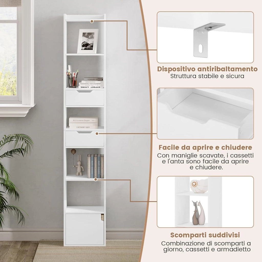 Libreria Verticale Autoportante, Scaffale Salvaspazio, Libreria Stretta e Alta, con 2 Cassetti, 6 Ripiani Aperti e 1 Scomparto con Anta, in Legno, Bianca, SK042ws