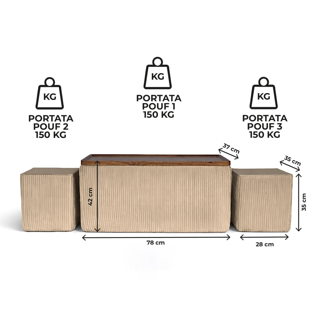Set 3 Pouf Contenitore Quadrati con Tavolino Rettangolare da Salotto in Velluto e Coperchio in Legno, 2 Pouf Interni Salvaspazio, Tavolino Contenitore Moderno,Poggiapiedi, Seduta Imbottita Crema