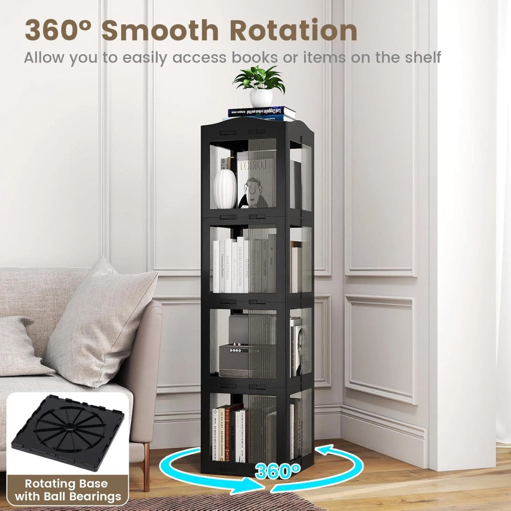 Libreria girevole a 360°, scaffale angolare girevole a 4 livelli, con pannelli traslucidi, montaggio semplice, per piccoli spazi, ufficio, camera da letto e soggiorno (nero, 4 livelli)