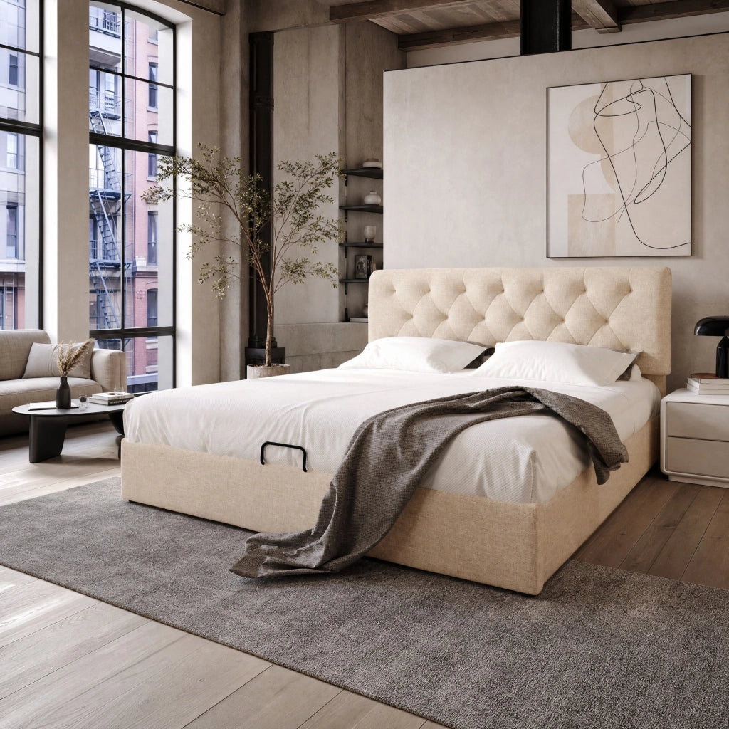 Letto matrimoniale imbottito 160x200 cm con contenitore; testiera regolabile e materasso; naturale