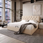 Letto matrimoniale imbottito 160x200 cm con contenitore; testiera regolabile e materasso; naturale