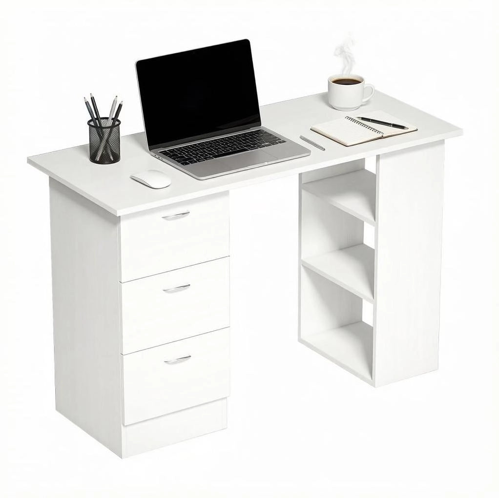 Scrivania per computer in MDF bianco 120x49x72 cm con 3 cassetti e ripiani regolabili