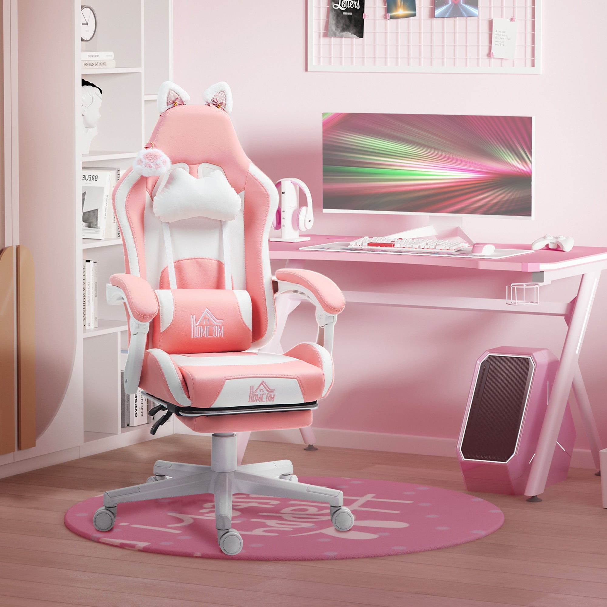 Sedia da Gaming Ergonomica con Orecchie da Gatto Poggiapiedi Retrattile e Schienale Reclinabile 135° Rosa