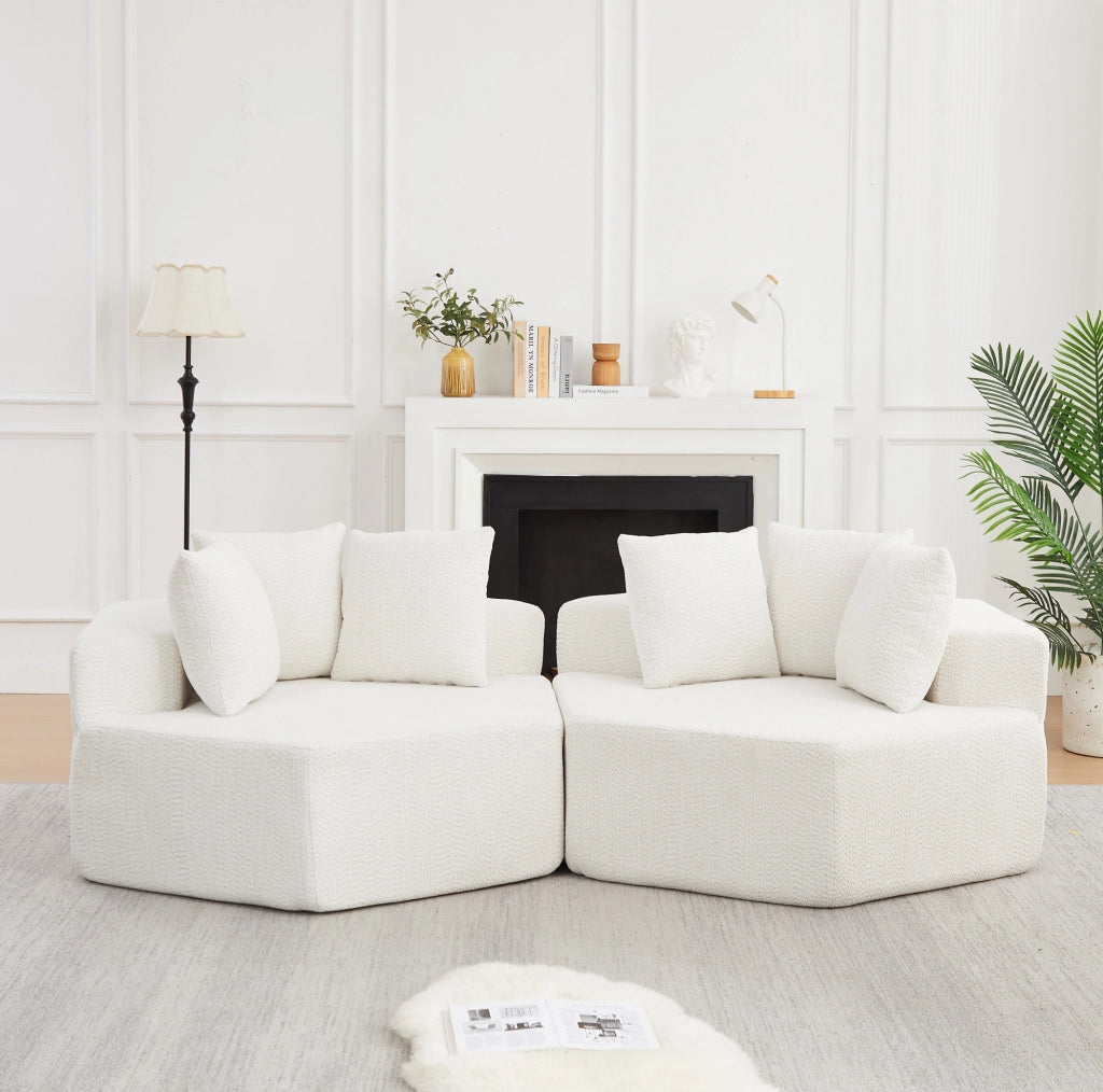 Poltrona lounge modulare esagonale in ciniglia beige con 3 cuscini