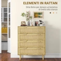 Mobile Cassettiera 4 Cassetti Stile Boho in Legno e Rattan, 90x45x108.5cm, Rovere