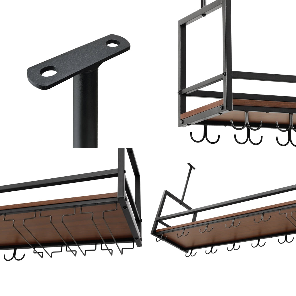 Portabottiglie Sospeso da Soffitto Borejle con Portacalici e Ganci per Tazze 120x30x65 cm Nero / Effetto Noce [en.casa]