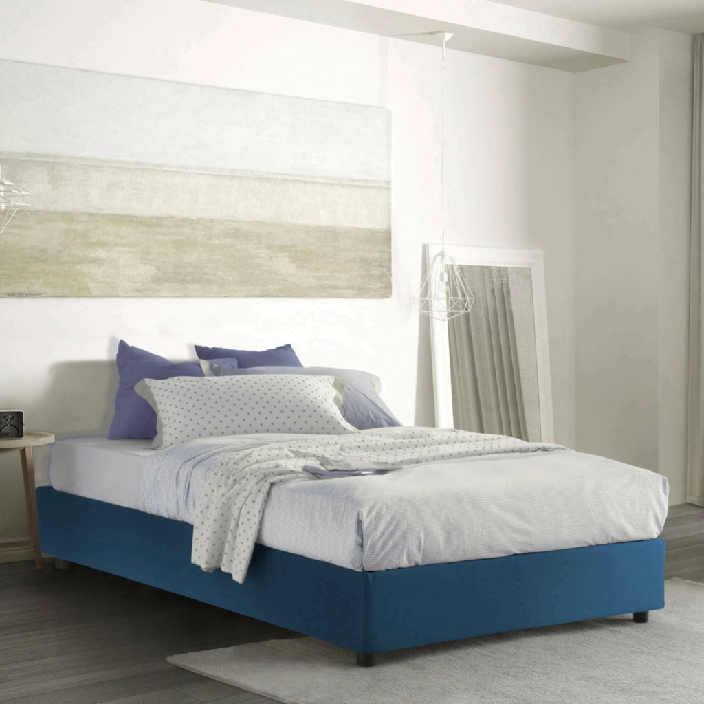 Letto piazza e mezza Asid, Letto contenitore con rivestimento in tessuto, Made in Italy, Apertura frontale, adatto per materasso cm 120x190, Blu