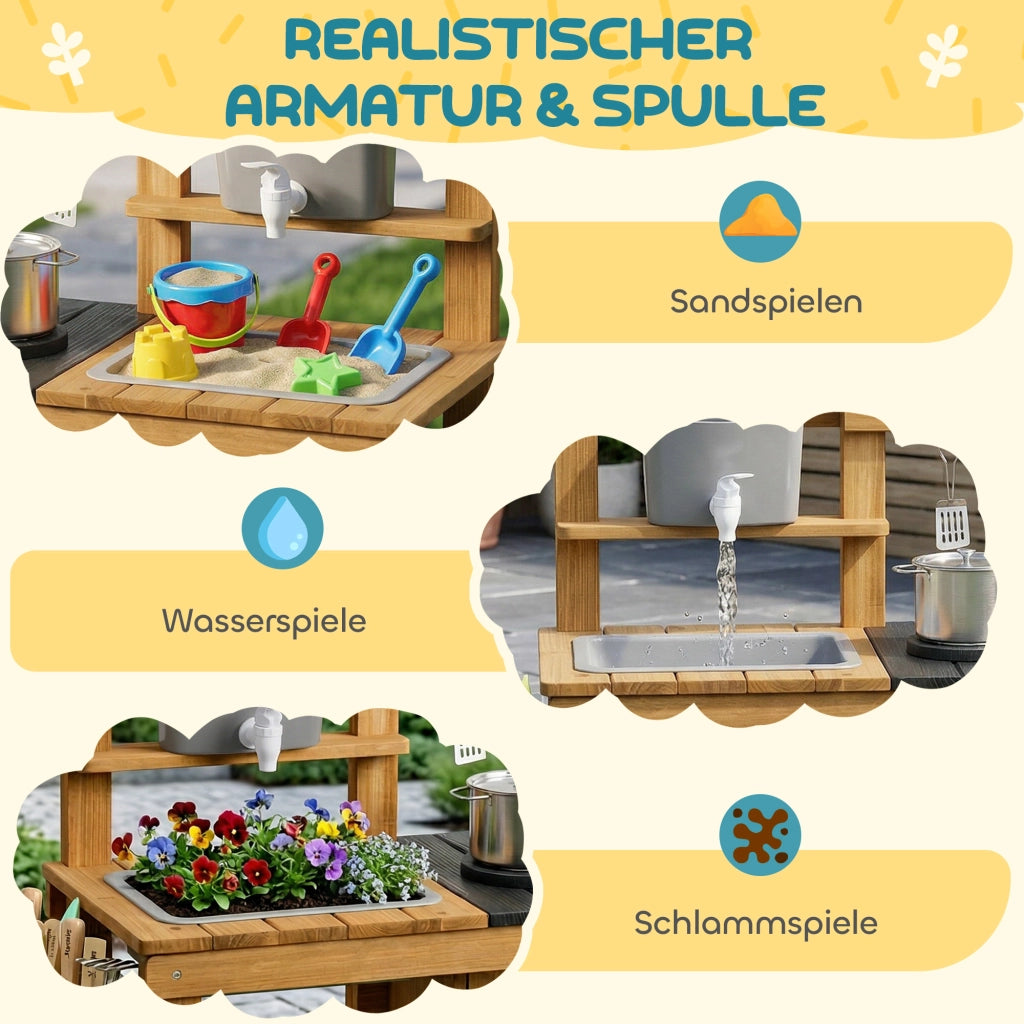 Cucina Giocattolo Esterna per Bambini ¨C zephmum ¨C Legno, Marrone con Rubinetto e Ruote