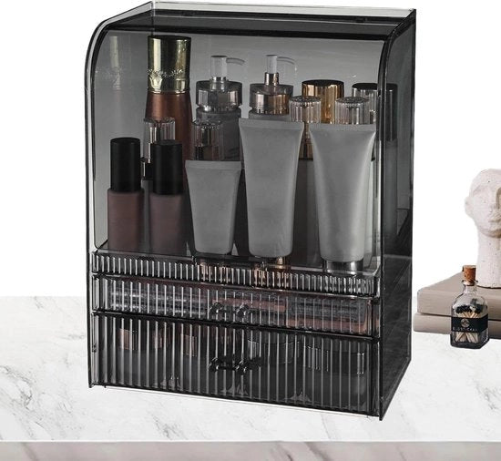 Cassa di conservazione cosmetica con coperchio, vetrina per cosmetici, cassa di conservazione cosmetica, portatile con ante per trucco, cassa di conservazione per trucco, progettata per risparmiare spazio, design elegante