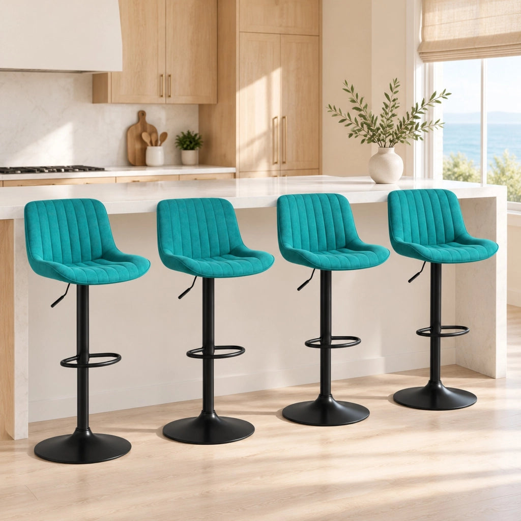Sgabello da bar girevole blu in velluto, altezza regolabile, set da 4