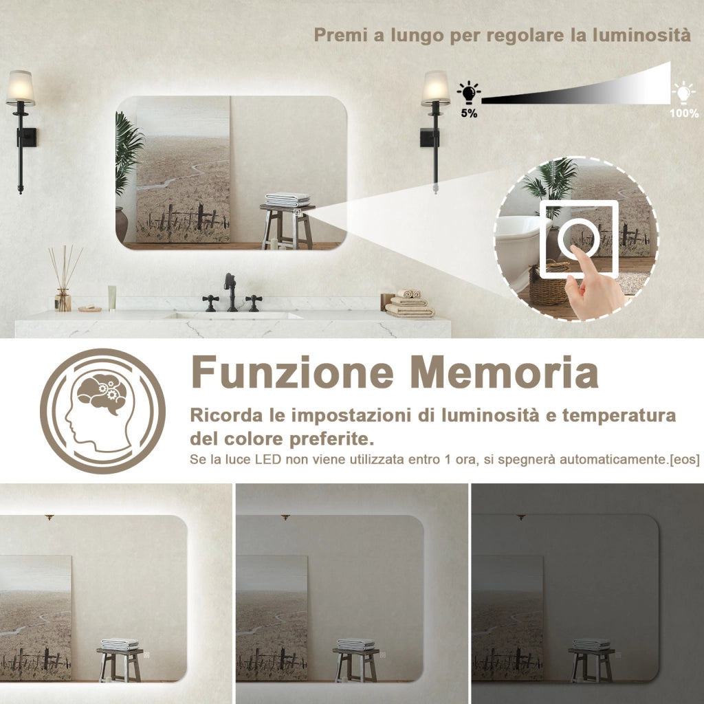 Specchio bagno Rettangolare 60x40cm Retroilluminato Con Led, 3 Luci, Design Moderno