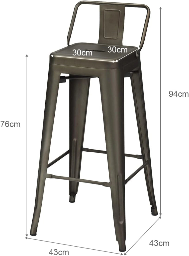 Set di 4 Sgabelli da Bar con Schienale da 94 cm, Sgabelli in Metallo Impilabili con Poggiapiedi per Cucina, Sala da Pranzo e Bar (Marrone)