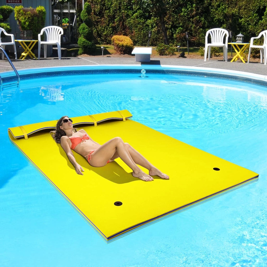 Tappeto Galleggiante per Piscina e Mare, 270 x 180 cm, Materassino Galleggiante in Schiuma per Rilassarsi e Divertirsi, Con Cuscino per la Testa (Giallo 270 x 180 cm)