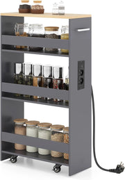 Scaffale per Nicchia da 20 cm di Larghezza, con Base di Ricarica, 4 Piani in Legno su Ruote, Scaffale Sottile per Cucina e Bagno, Carrello a Rotelle (Naturale+Grigio, Largo 20cm, con presa)