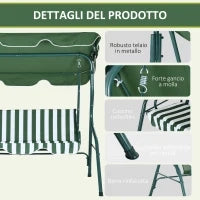Dondolo 3 Posti con Tettuccio Regolabile e Cuscini, in Acciaio e Poliestere, 170x110x153 cm, Verde e Bianco