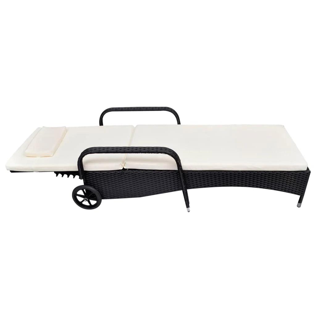 Lettino prendisole sedia a sdraio lettino prendisole letto da giardino mobili da esterno per patio con cuscino e ruote resina intrecciata nera 02_0012450